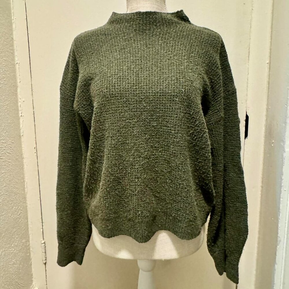Juniors Pink Rose Green Mock Neck Drop Sleeve Cropped Sweater/L